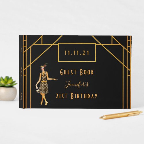 Birthday black gold 1920s art deco name guest book