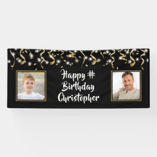 Birthday Black Gold 2 Photo Confetti Lights Banner