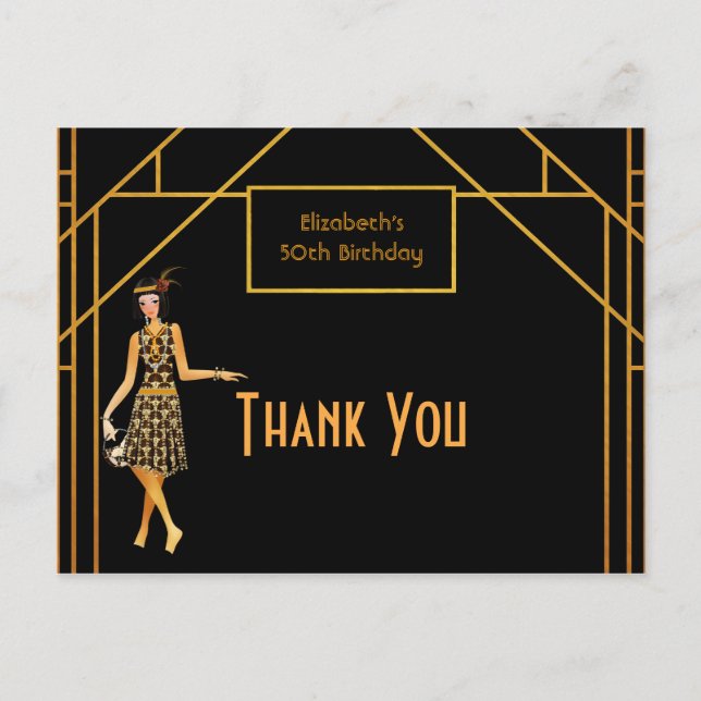 Birthday black gold art deco Thank you  Postcard (Front)