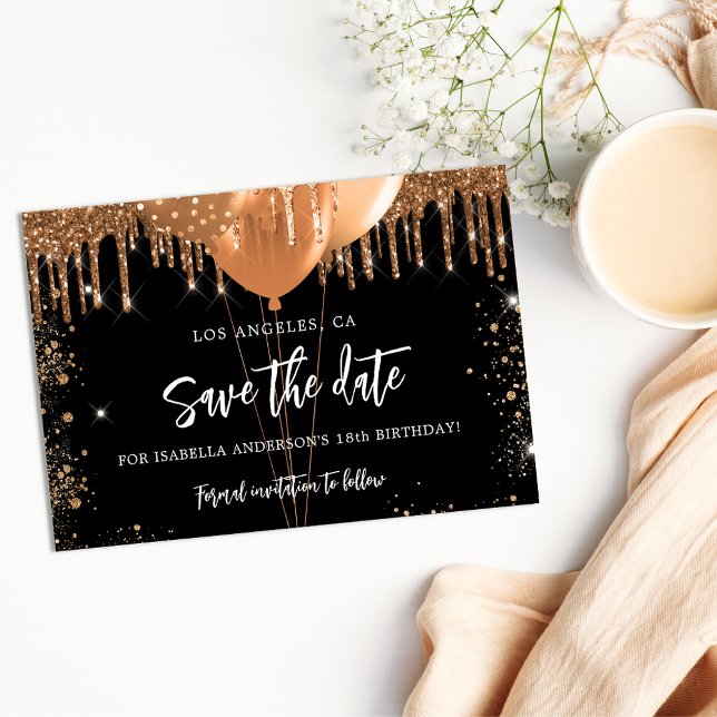 Birthday black gold balloons glitter drips save the date (Creator Uploaded)