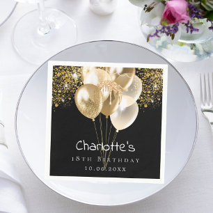 Birthday black gold balloons glitter napkins