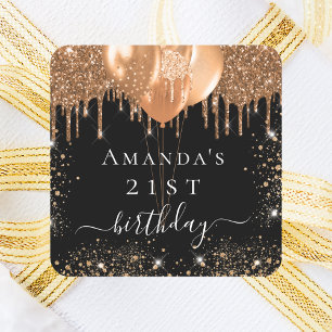 Birthday black gold balloons party favor square sticker