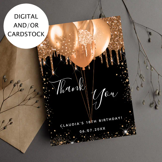 Birthday black gold balloons thank you card Zazzle