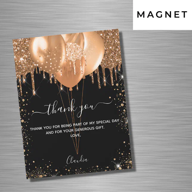 Birthday black gold balloons thank you card | Zazzle