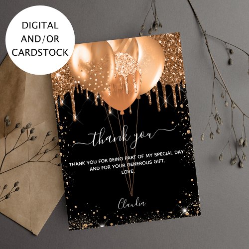 Birthday black gold balloons thank you card