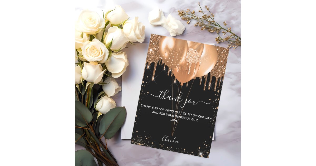 Birthday black gold balloons thank you card | Zazzle