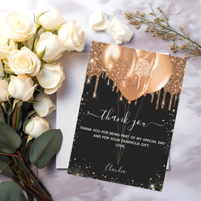 Birthday black gold balloons thank you card | Zazzle