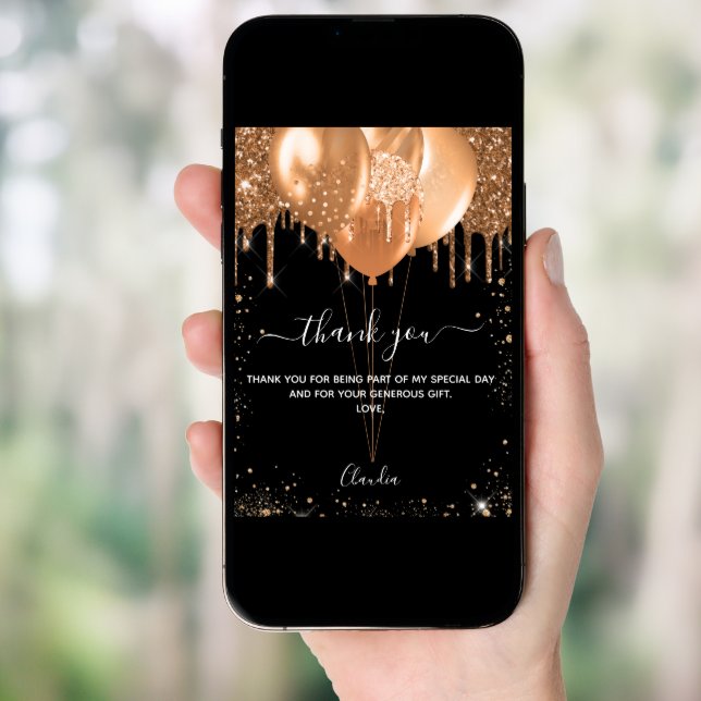 Birthday black gold balloons thank you card (Front Digital)