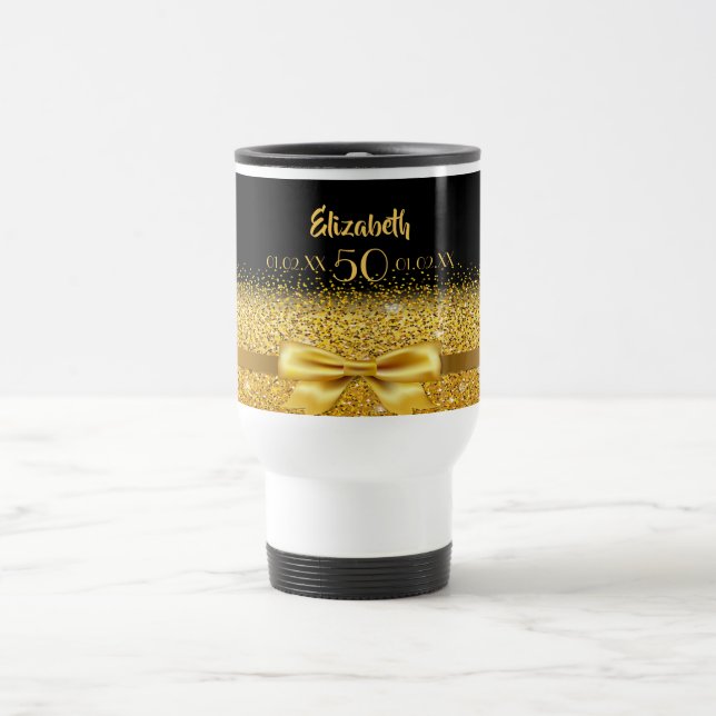 Birthday black gold bow elegant name travel mug (Center)