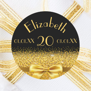 Birthday black gold bow name date classic round sticker