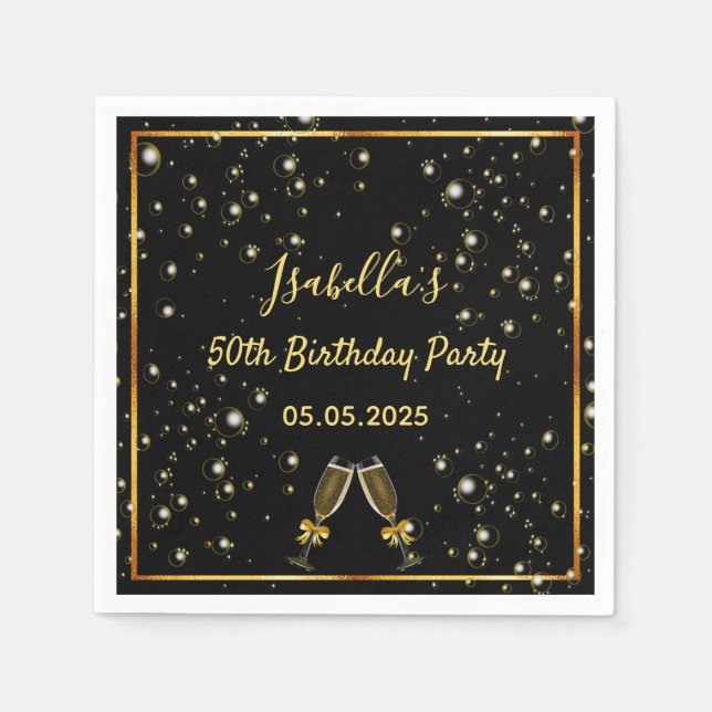 Birthday black gold bubbles monogram name napkins (Front)