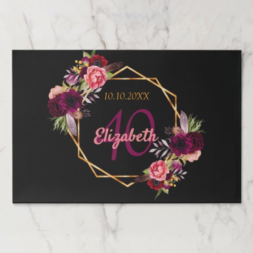 Birthday black gold burgundy floral paper placemat
