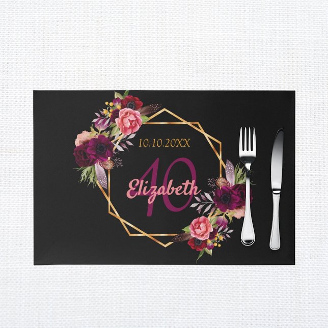 Birthday black gold burgundy floral paper placemat (Creator Uploaded)