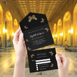 Birthday black gold butteflies party RSVP All In One Invitation<br><div class="desc">A black backround decorated with faux gold butterflies. Personalize and add your name,  and the details. White colored letters.</div>