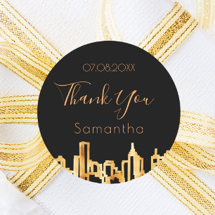 Birthday black gold city skyline modern thank you classic round sticker