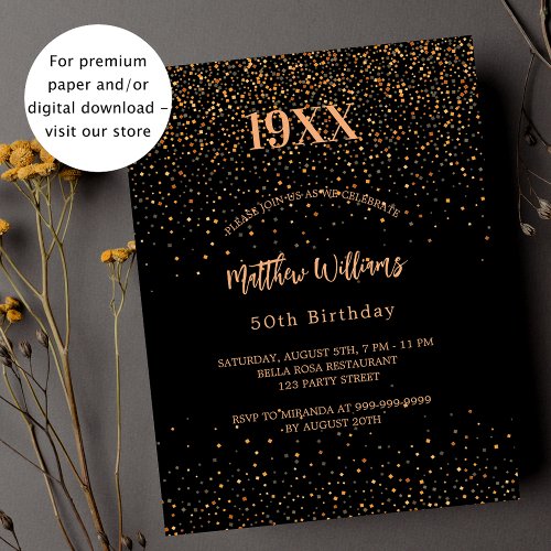 Birthday black gold confetti budget invitation