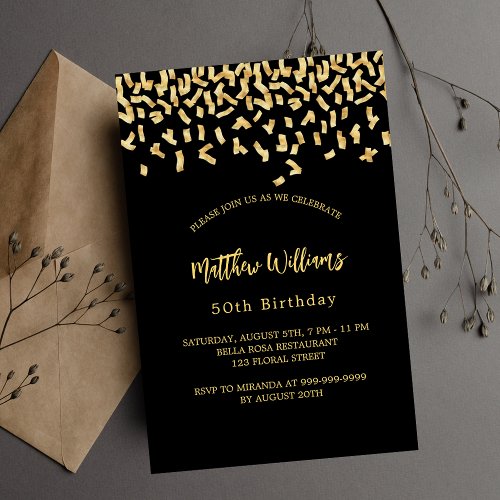 Birthday black gold confetti invitation postcard