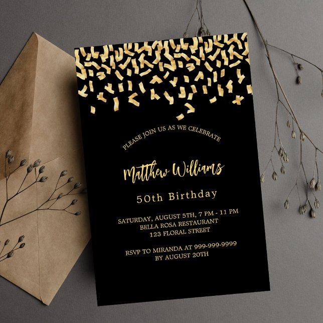 Birthday black gold confetti invitation postcard (Creator Uploaded)