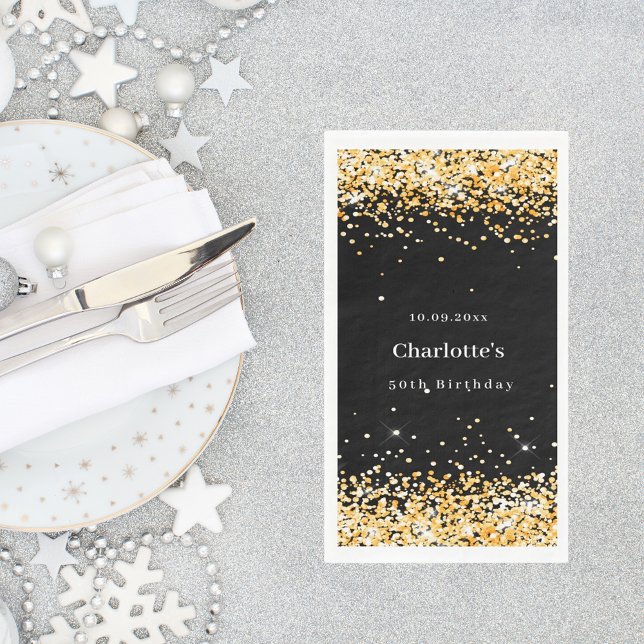 Birthday black gold confetti name paper guest towels (Creator Uploaded)