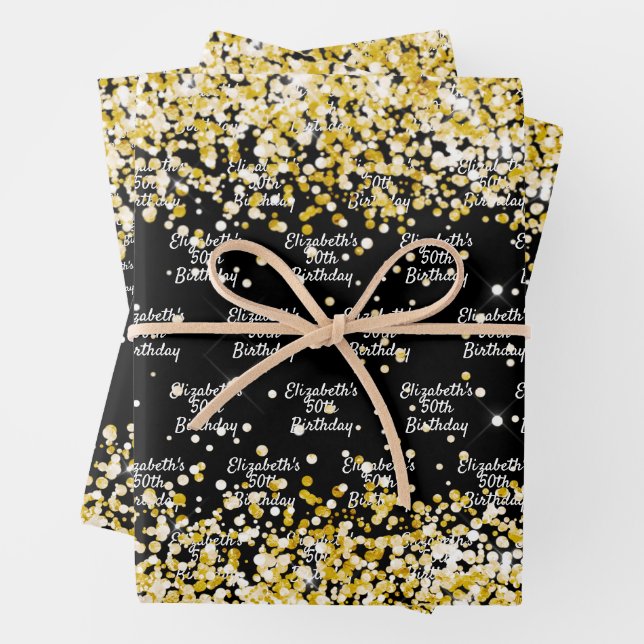 Birthday black gold confetti name wrapping paper sheets (In situ)