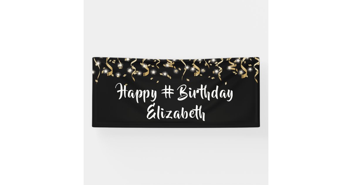 Birthday Black Gold Confetti Streamers Custom Text Banner
