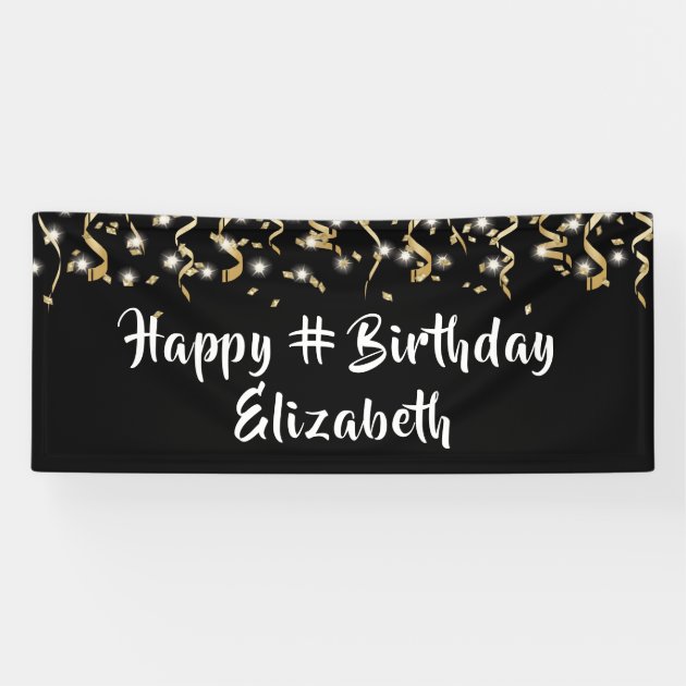 Birthday Black Gold Confetti Streamers Custom Text Banner