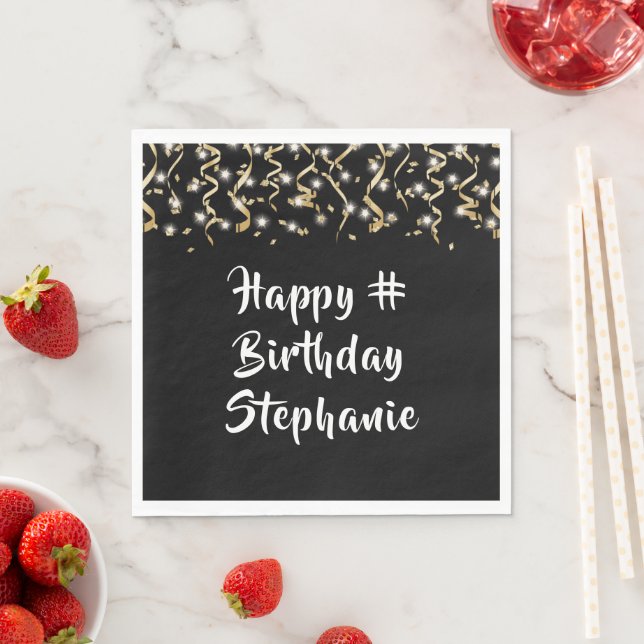 Birthday Black Gold Confetti Streamers Custom Text Napkins (Insitu)