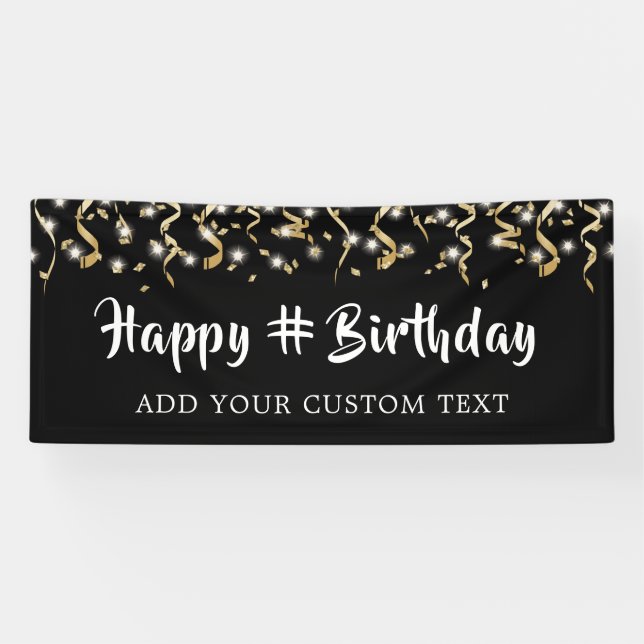 Birthday Black Gold Confetti Streamers Personalize Banner (Horizontal)
