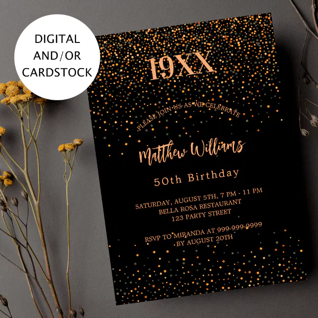 Birthday Black Gold Confetti Year Birth Invitation Zazzle