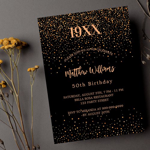 Birthday black gold confetti year birth luxury invitation