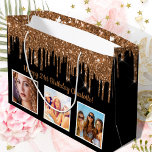 Birthday black gold custom photo glitter monogram large gift bag<br><div class="desc">For a 50th (or any age) birthday.  An elegant black background. With faux gold glitter drips,  paint dripping look.  Personalize and add 3 of your own photos,  a date,  name and age 50. Golden text. The name is written wit a modern hand lettered style script.</div>