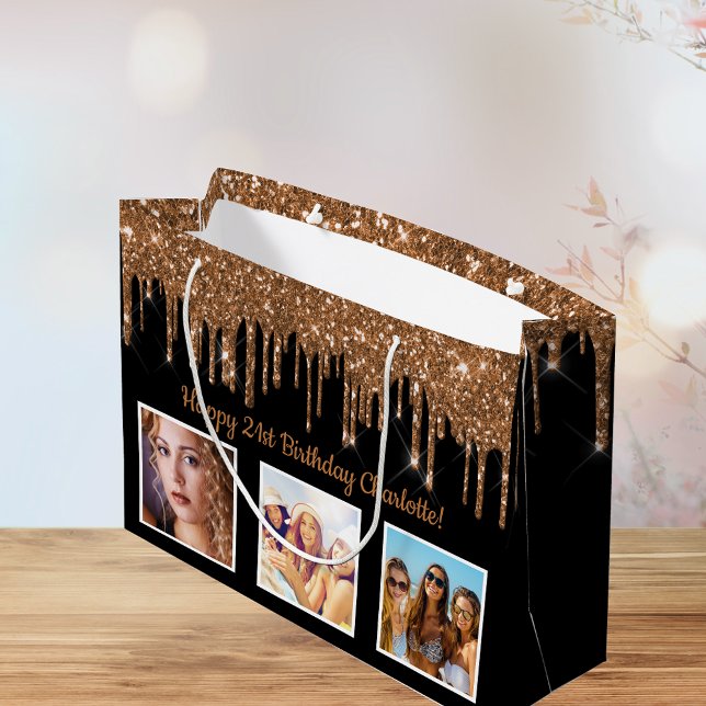 Birthday black gold custom photo glitter monogram large gift bag (Creator Uploaded)