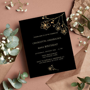 Birthday black gold floral budget invitation flyer