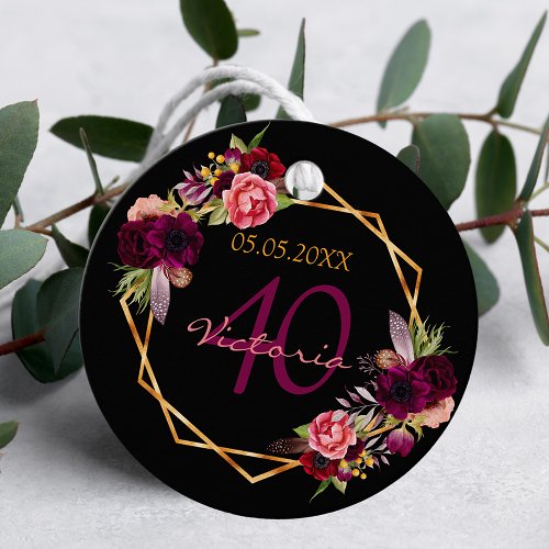 Birthday black gold floral burgundy thank you favor tags