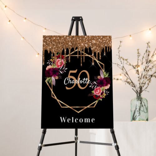 Birthday black gold florals glitter geo welcome foam board