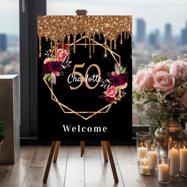Birthday black gold florals glitter geo welcome foam board (Creator Uploaded)