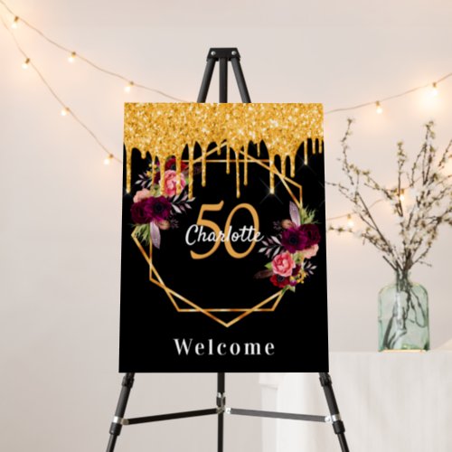 Birthday black gold florals glitter geo welcome foam board