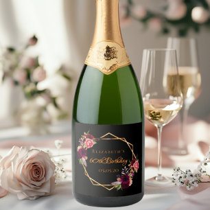 Birthday black gold geometical burgundy florals sparkling wine label