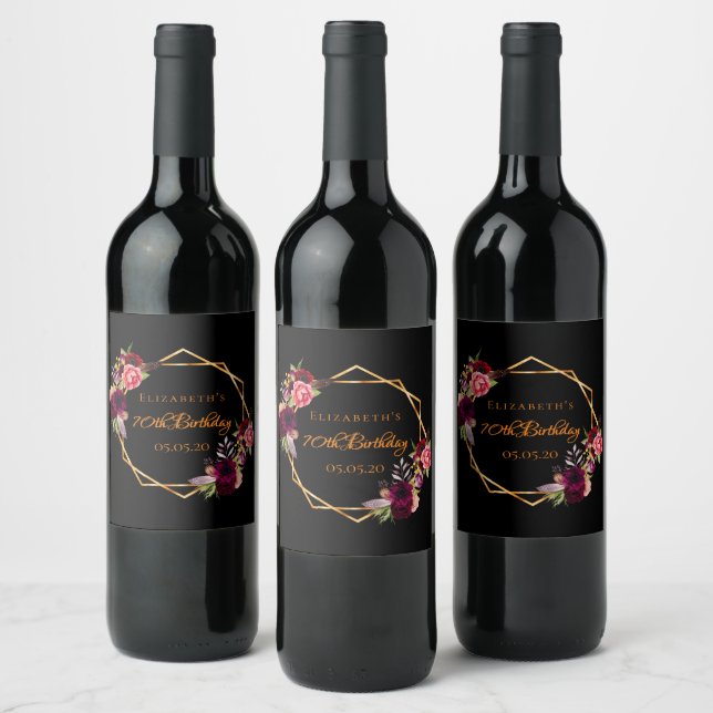 Birthday black gold geometric floral burgundy wine label (Bottles)