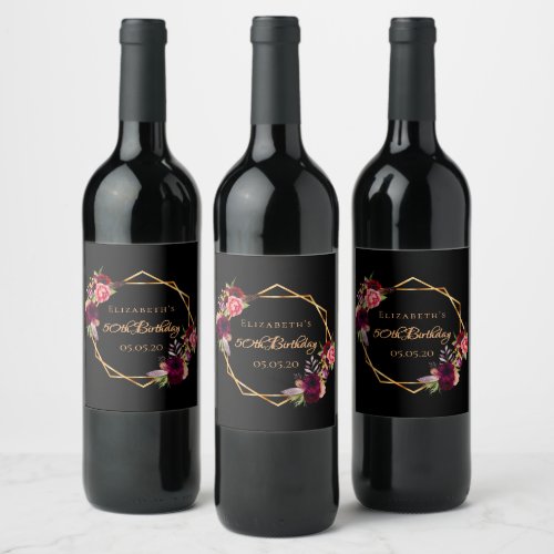 Birthday black gold geometric floral burgundy wine label