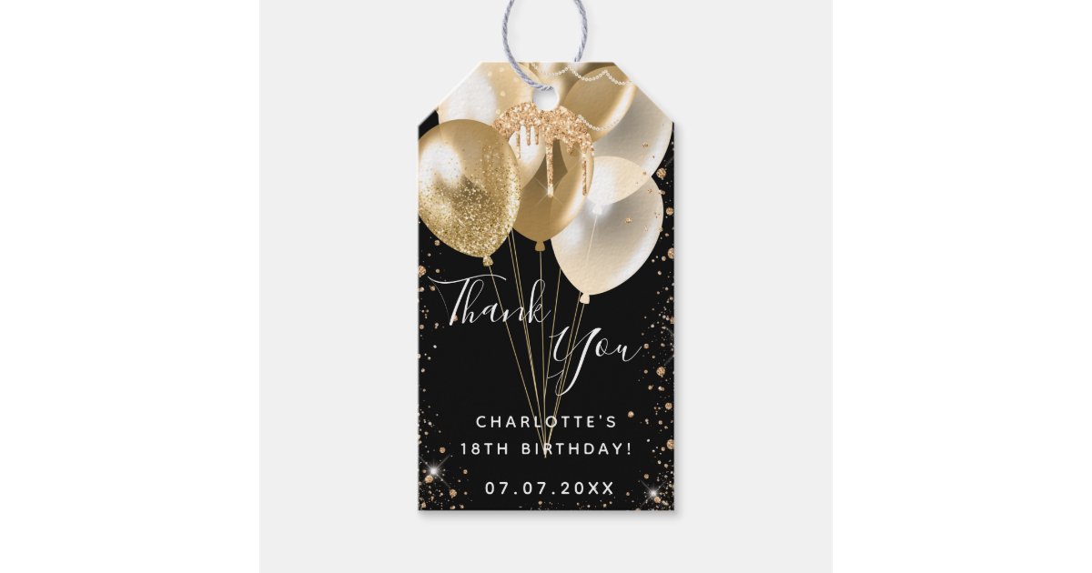 Birthday black gold glitter balloon thank you gift tags | Zazzle