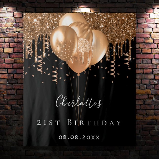 Birthday black gold glitter balloons monogram tapestry (Creator Uploaded)
