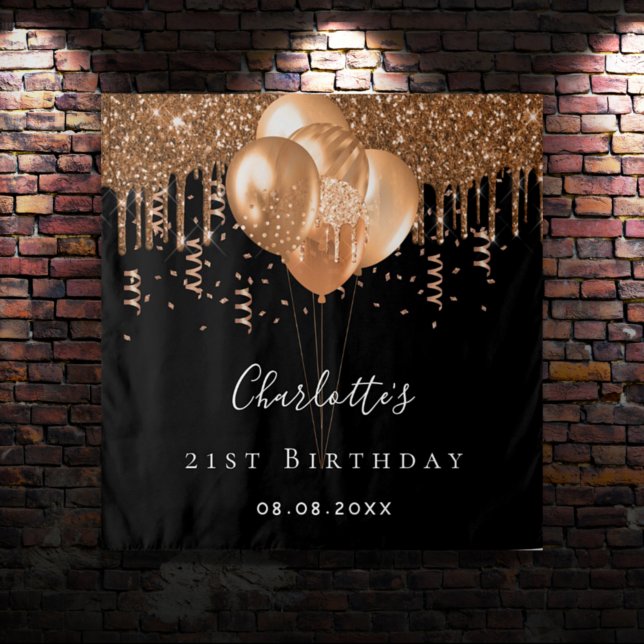 Birthday black gold glitter balloons name tapestry (Creator Uploaded)