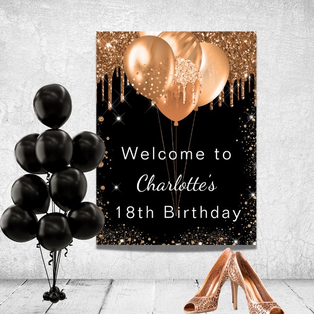 Birthday black gold glitter balloons party welcome poster (Creator Uploaded)
