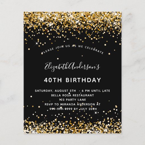 Birthday black gold glitter budget invitation flyer | Zazzle