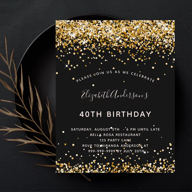 Birthday Black Gold Glitter Budget Invitation Flyer Zazzle