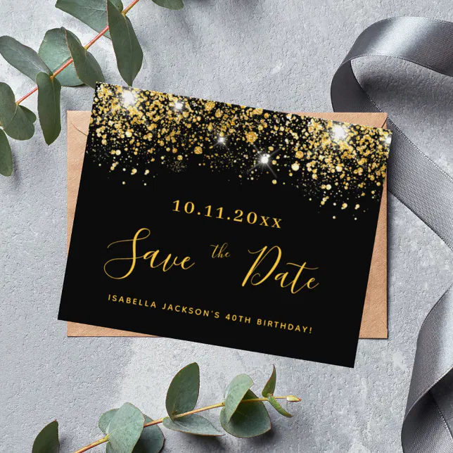 Birthday black gold glitter budget save the date flyer Zazzle