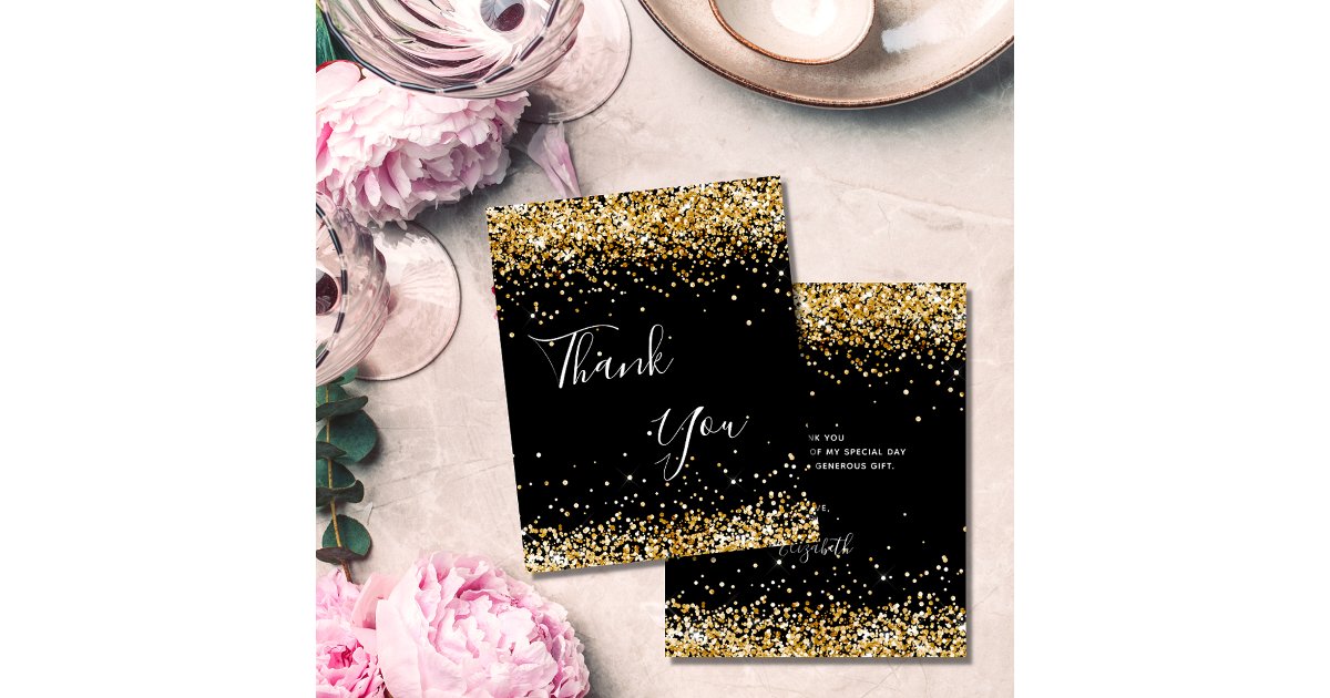 Birthday black gold glitter budget thank you card | Zazzle
