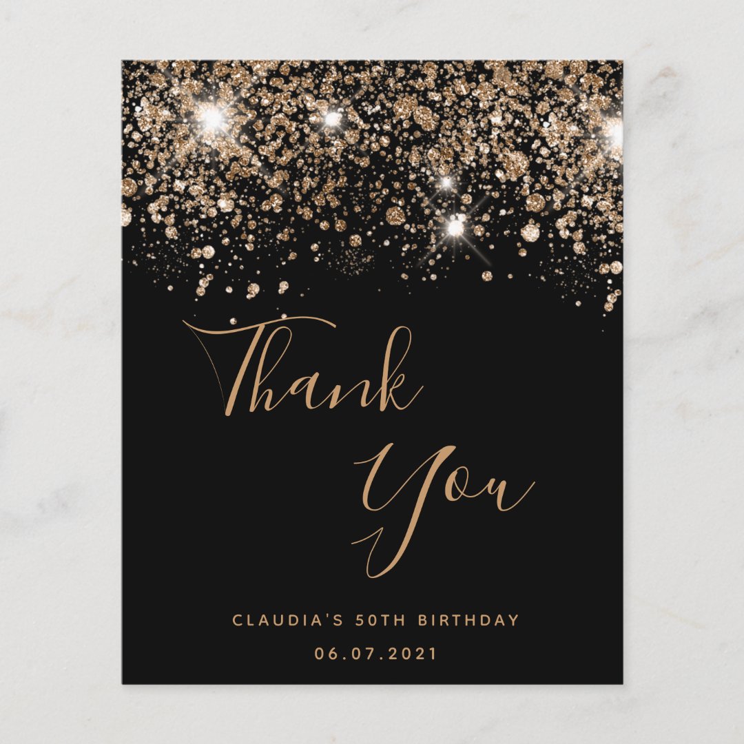 Birthday black gold glitter budget thank you flyer | Zazzle