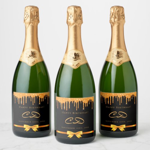 Birthday black gold glitter drip monogram initials sparkling wine label